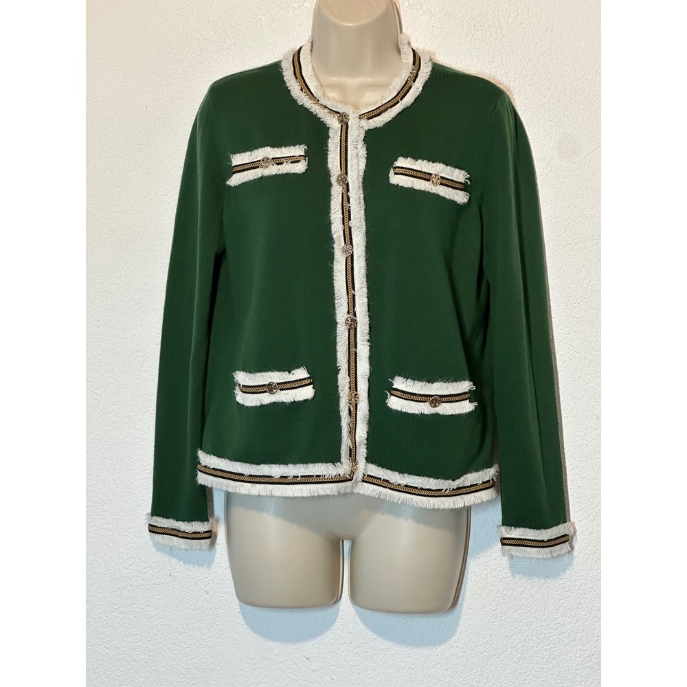 Tory Burch Green Merino Wool Fringe Trim Cardigan Sweater Gold Logo Button M